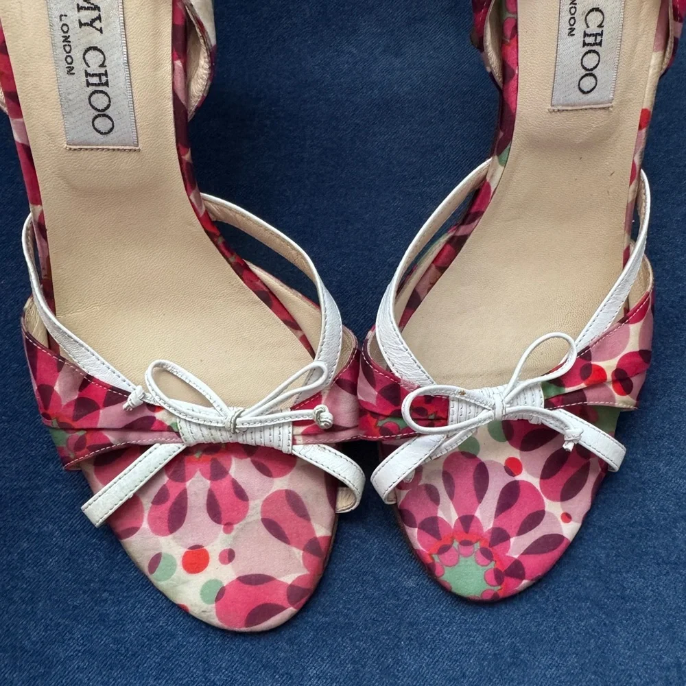 Jimmy Choo Multicolor‎ Floral Print Satin Women’s Sling back Sandals Size 39 1/2 - Picture 7 of 8